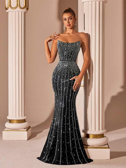 Thea Strapless Fish Tail Rhinestone Maxi Dress