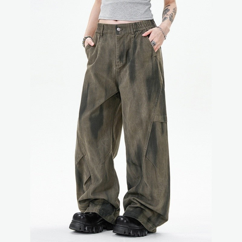 Distressed Tie-Dye Cargo Pants Wide Straight Longline Unisex Design