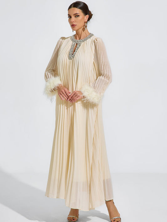 Grace Pleated Feather-Trim Maxi Dress