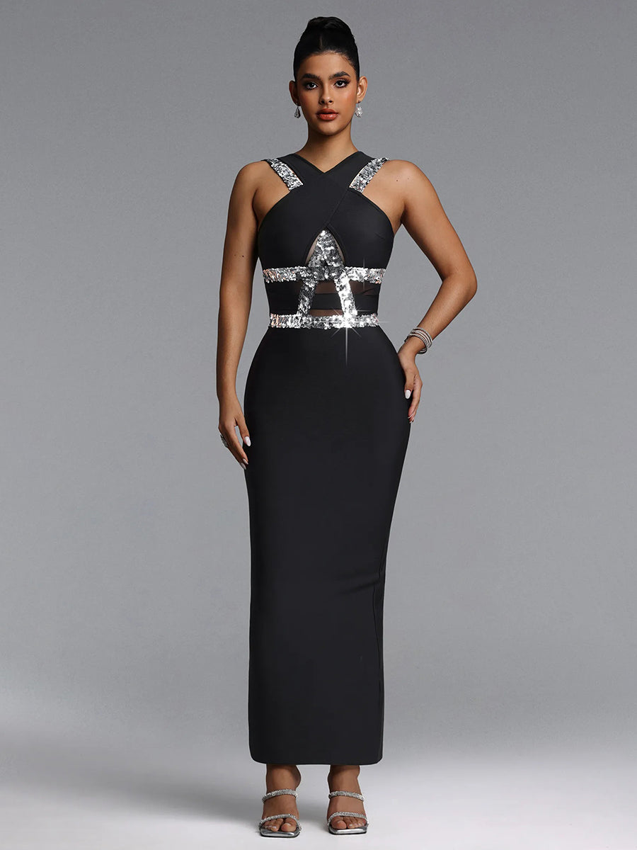 Rihanna Sequin-Trim Halter Cutout Maxi Dress