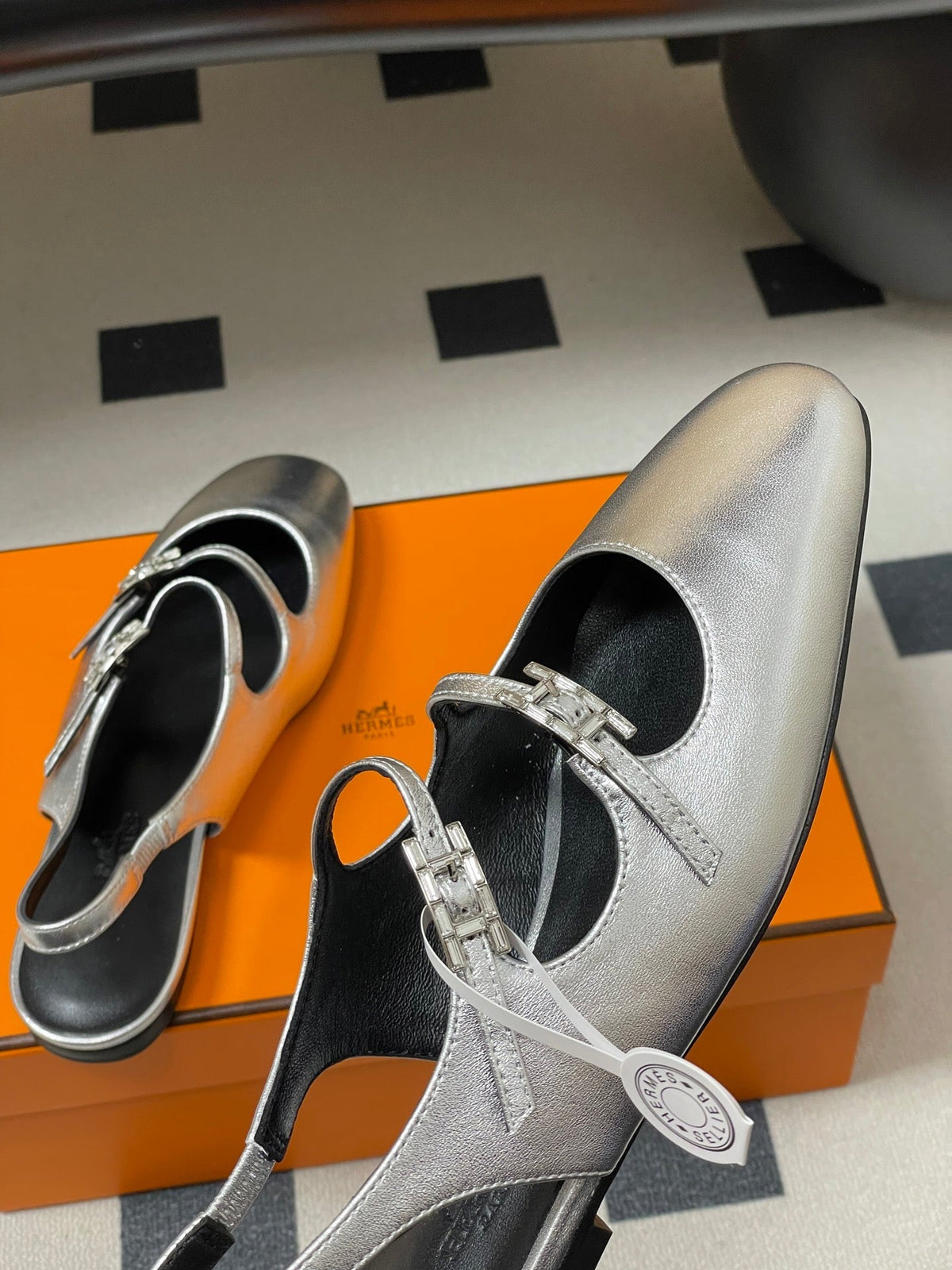 Hermes 26S Mila Open-Heel Sandals Silver in Calfskin 594344