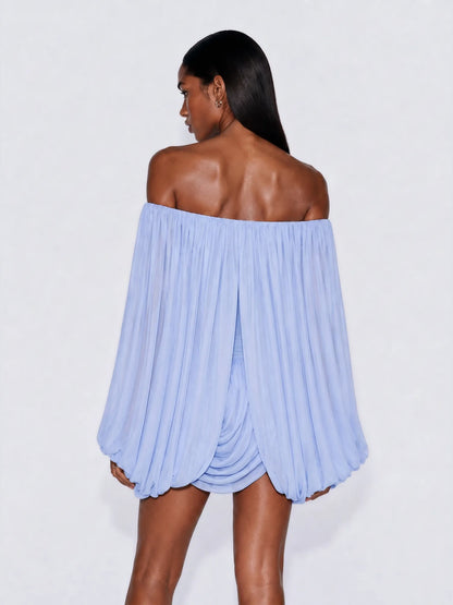 Arwen Off Shoulder Ruched Chiffon Mini Dress In Blue