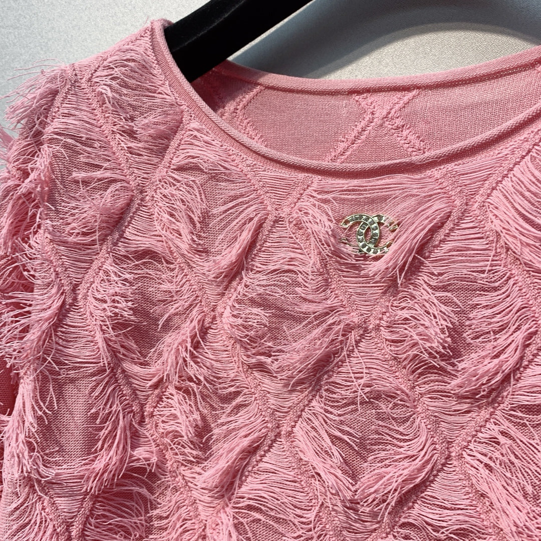 CC SS26 Feather-Trimmed Chiffon Top Rosette Pink Chiffon 350964