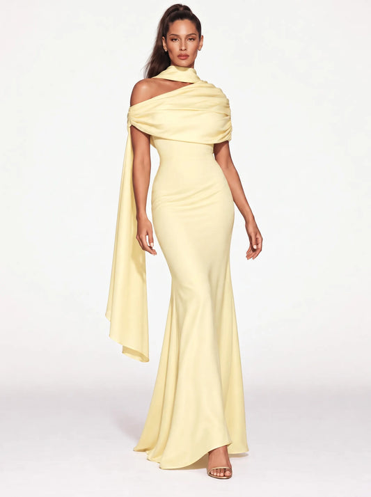 Athena One-Shoulder Pleated Maxi Dress In Yellow