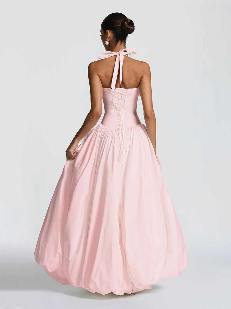 Aurora Halter Corset High-Slit Ball Gown In Pink