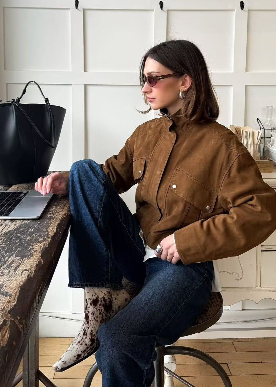 Suede Effect Oversized Jacket With Front Pockets