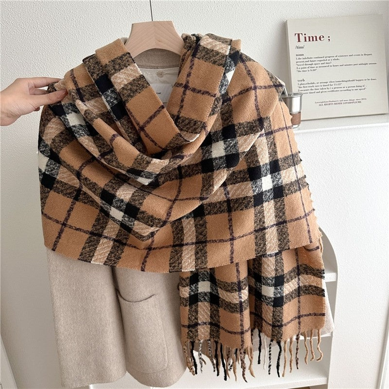 Color Block Plaid Fringe Scarf