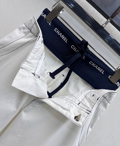 CC Drawstring Webbing Trousers White Cotton Tencel 350186