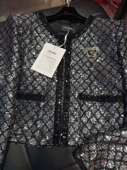 CC Plaid Jacket With Sparkling Beading and Black Stone Border