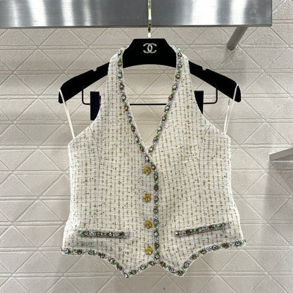 CC 26 Rhinestone-trimmed Halter Neck Vest Cream Cotton Wool 331227