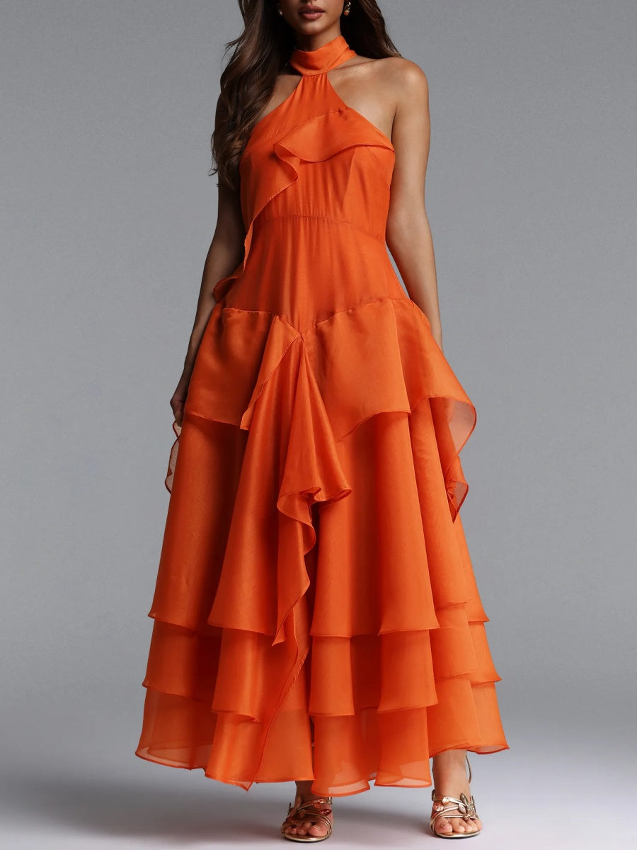 Luna Halter Ruffled Chiffon Tiered Midi Dress