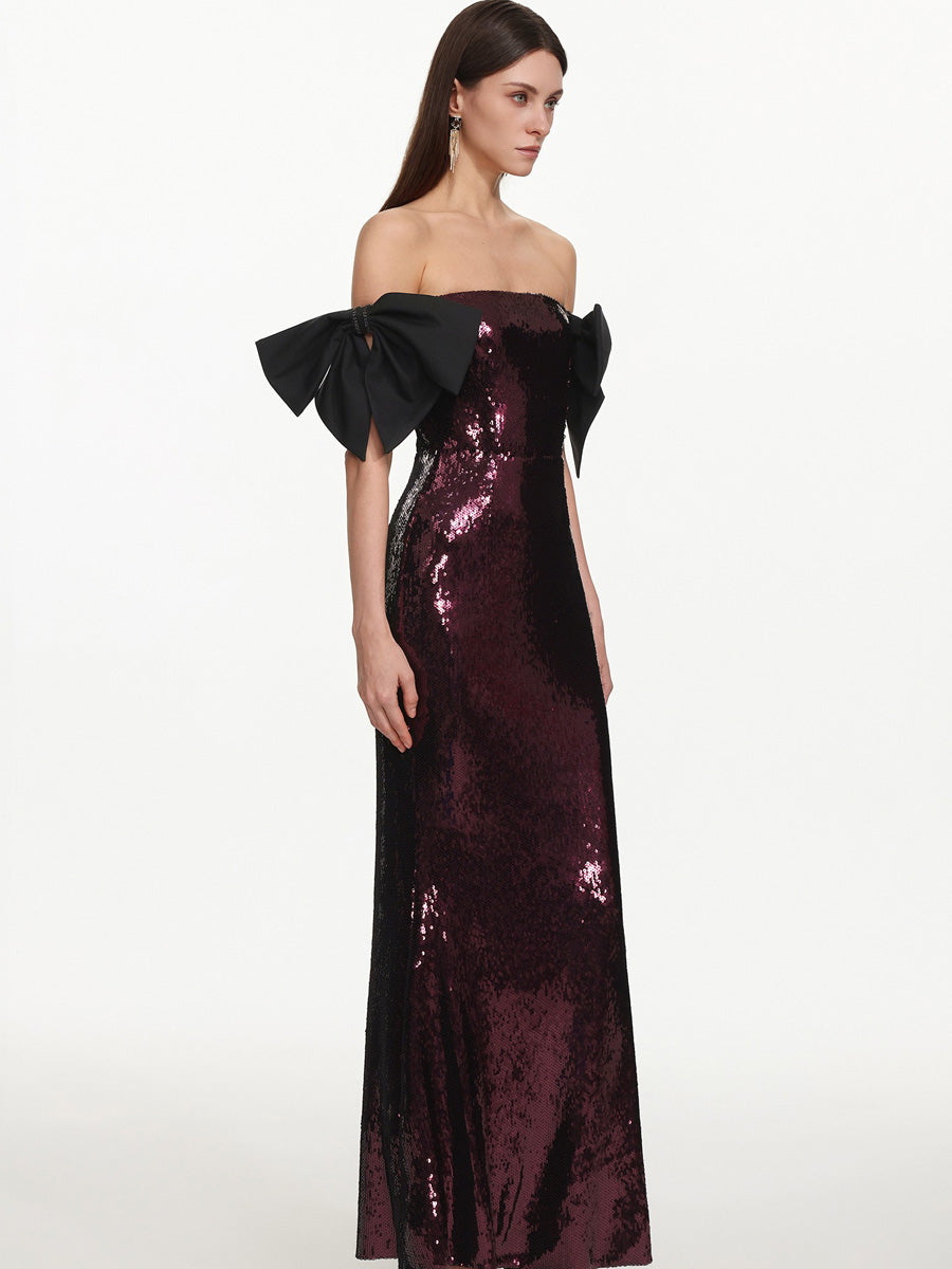 Gwyneth Glamorous Off Shoulder Bow Sequin Maxi Dress