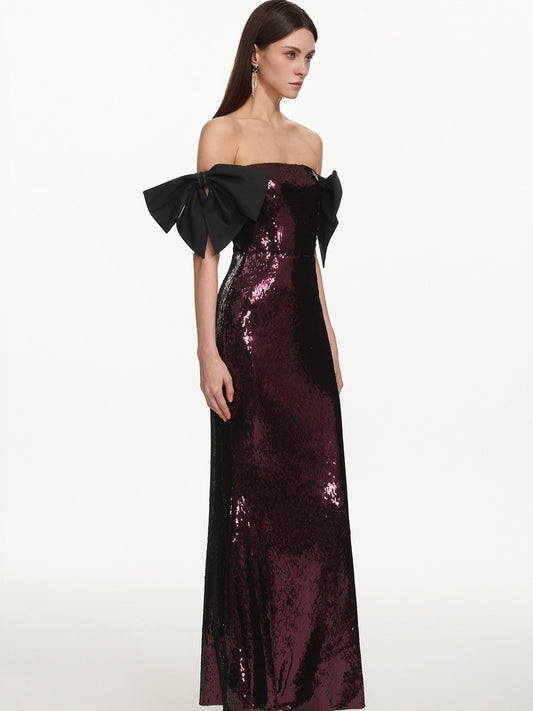 Gwyneth Glamorous Off Shoulder Bow Sequin Maxi Dress