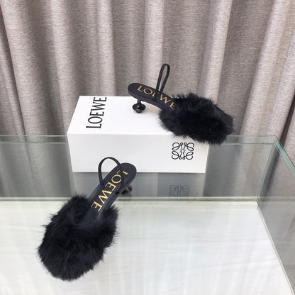 Loewe 25SS Fur-lined Mule 60 Black in Fox Fur 597435