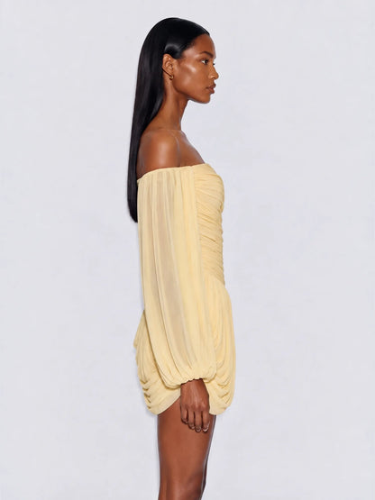 Arwen Off Shoulder Ruched Chiffon Mini Dress In Yellow
