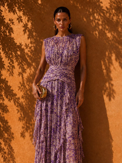 Aria Printed Chiffon Round-Neck Sleeveless Maxi Dress