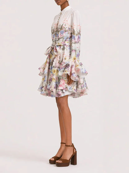 Ivy Long-Sleeve Printed Linen Mini Dress