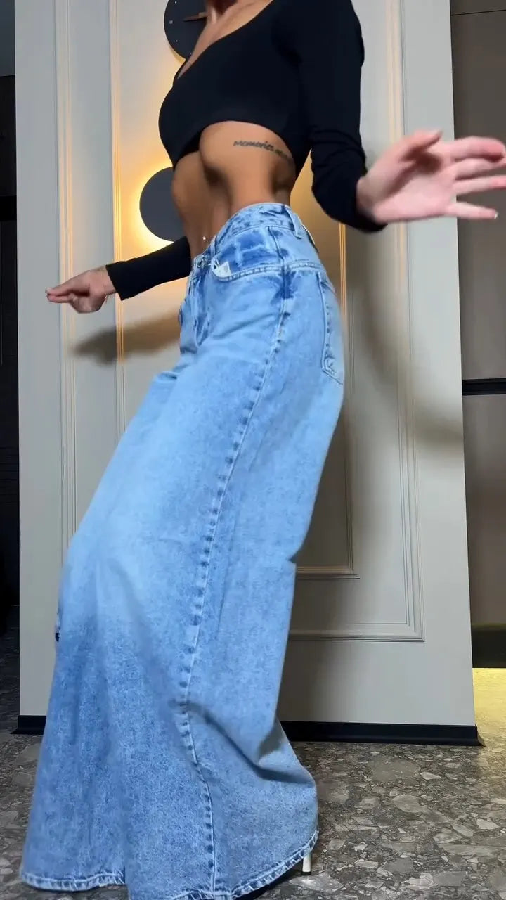 Gabrielle Rhinestone-Embellished Wide-Leg Jeans with Side Button Detail