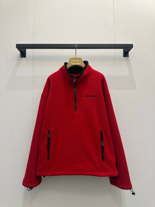Miu Embroidered Fleece Hooded Zip-Up Jacket Red Cashmere 346102