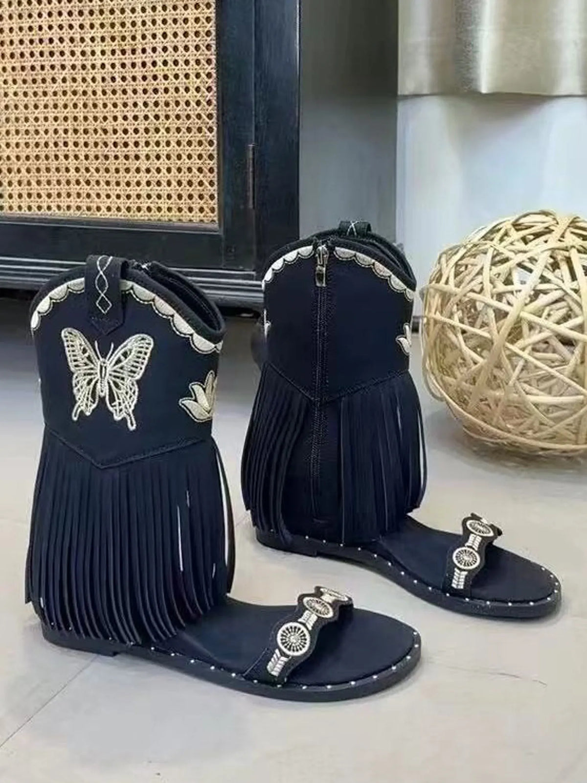 Vivienne Embroidered Butterfly Peep-Toe Booties with Tassels