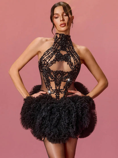 Autumn High Neck Rhinestone Tulle Mini Dress