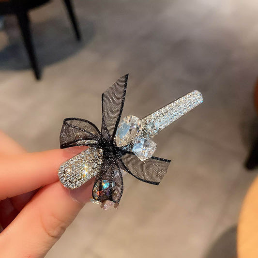 Elegant Rhinestone Mesh Ribbon Bow Hair Clip