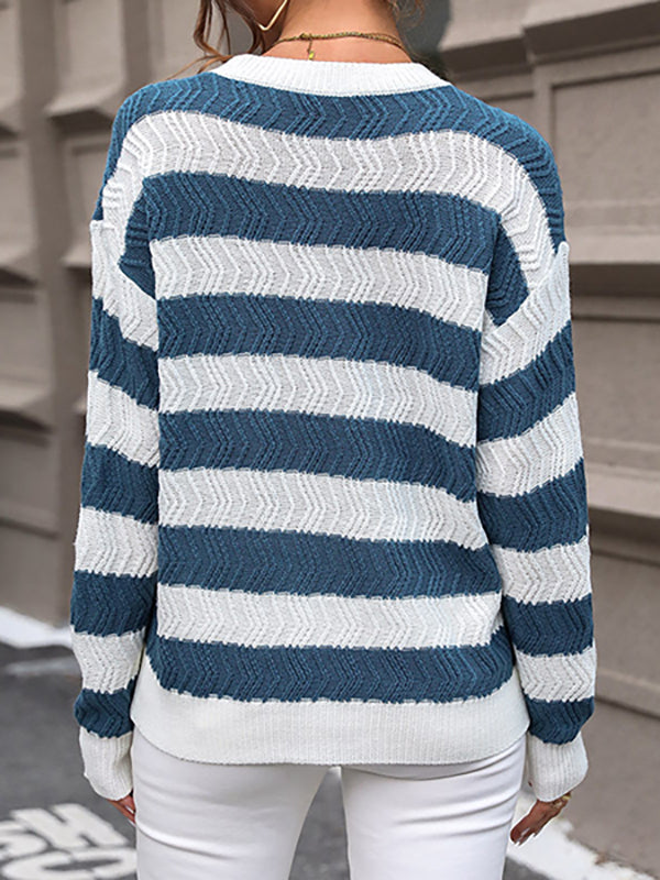 Long Sleeves Loose Contrast Color Striped Round-Neck Pullovers Sweater Tops