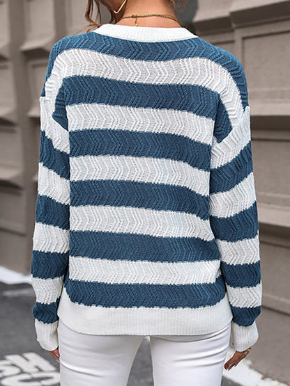 Long Sleeves Loose Contrast Color Striped Round-Neck Pullovers Sweater Tops