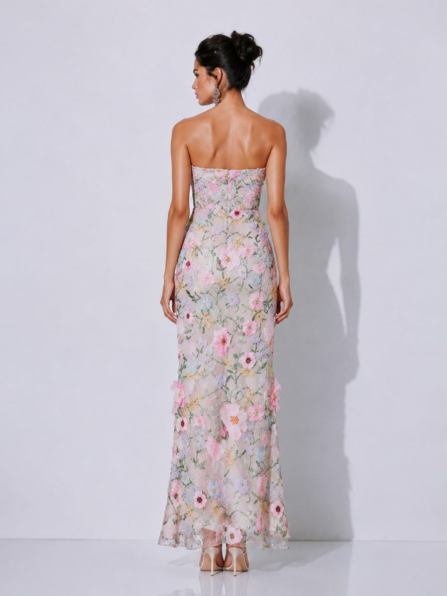 Fiona Embroidered Appliqué Strapless Maxi Dress