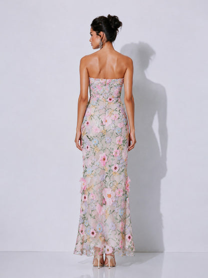 Fiona Embroidered Appliqué Strapless Maxi Dress