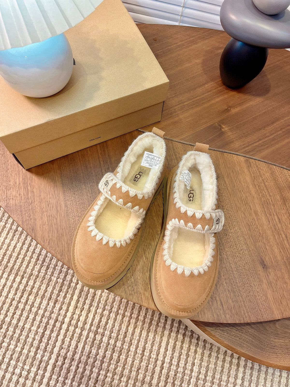UGG Tazz Mary Jane Shoes Light Brown Suede Shearing