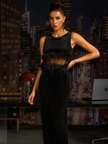 Ashlyn Sleeveless Feather Velvet Midi Dress