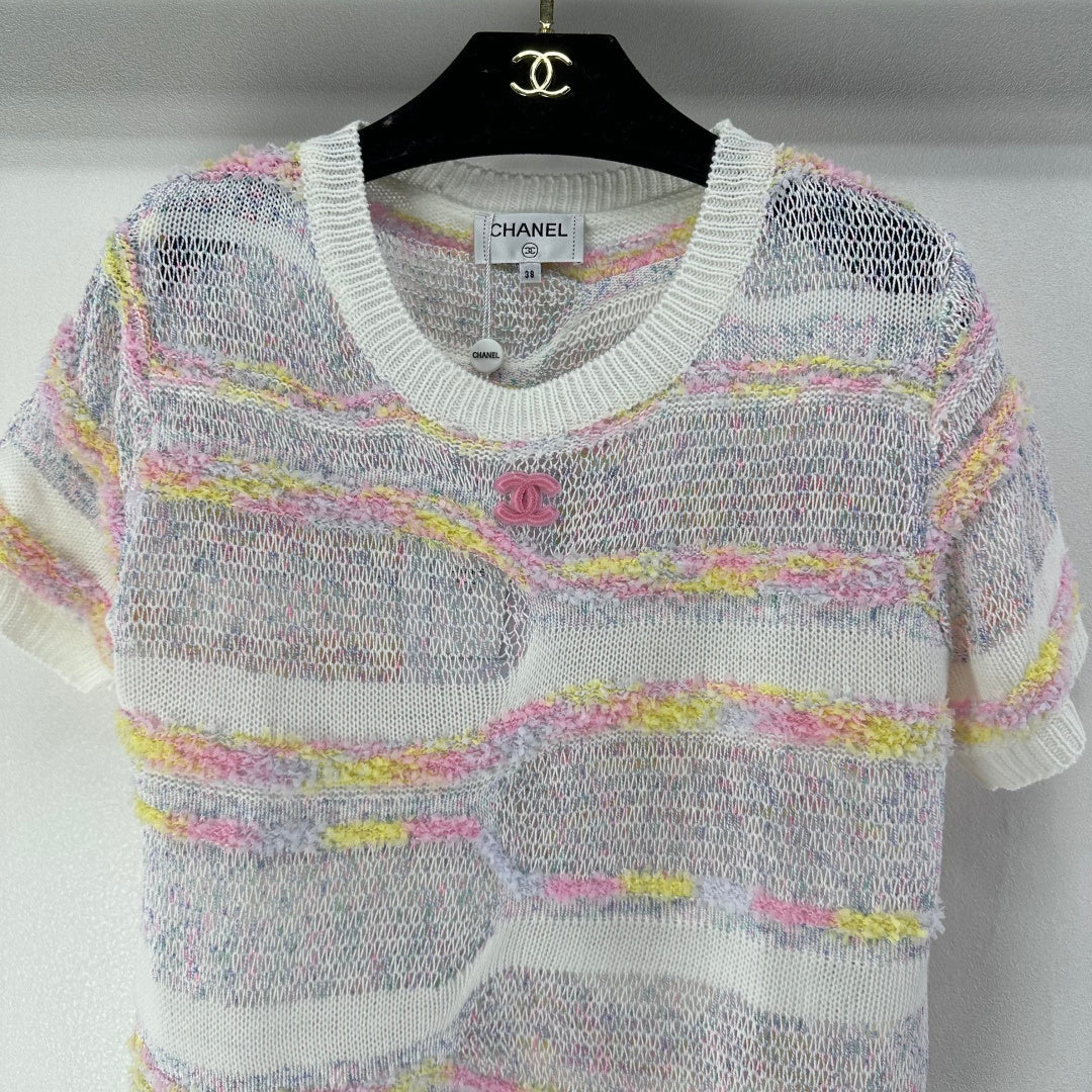 CC 26S Short-sleeve Knit Cream Multicolour Wool Nylon Cashmere 349002