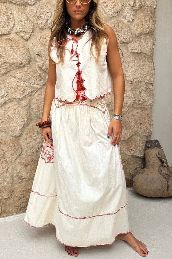 Sunny Day Linen Blend Contrast Embroidered Print Smocked Waist A-line Maxi Skirt