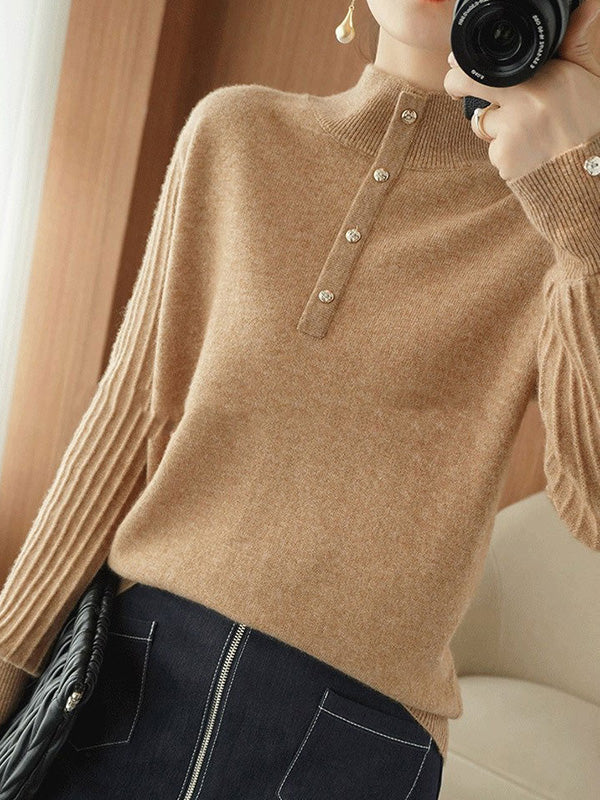 Casual Puff Sleeves Long Sleeves Solid Color Half Turtleneck Sweater Tops