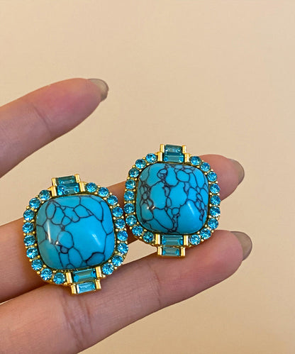 Retro Blue Alloy Inlaid Zircon Turquoise Stud Earrings