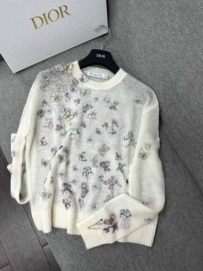 CD Butterfly Embroidered SweaterWhite Alpaca Wool Cashmere 345311