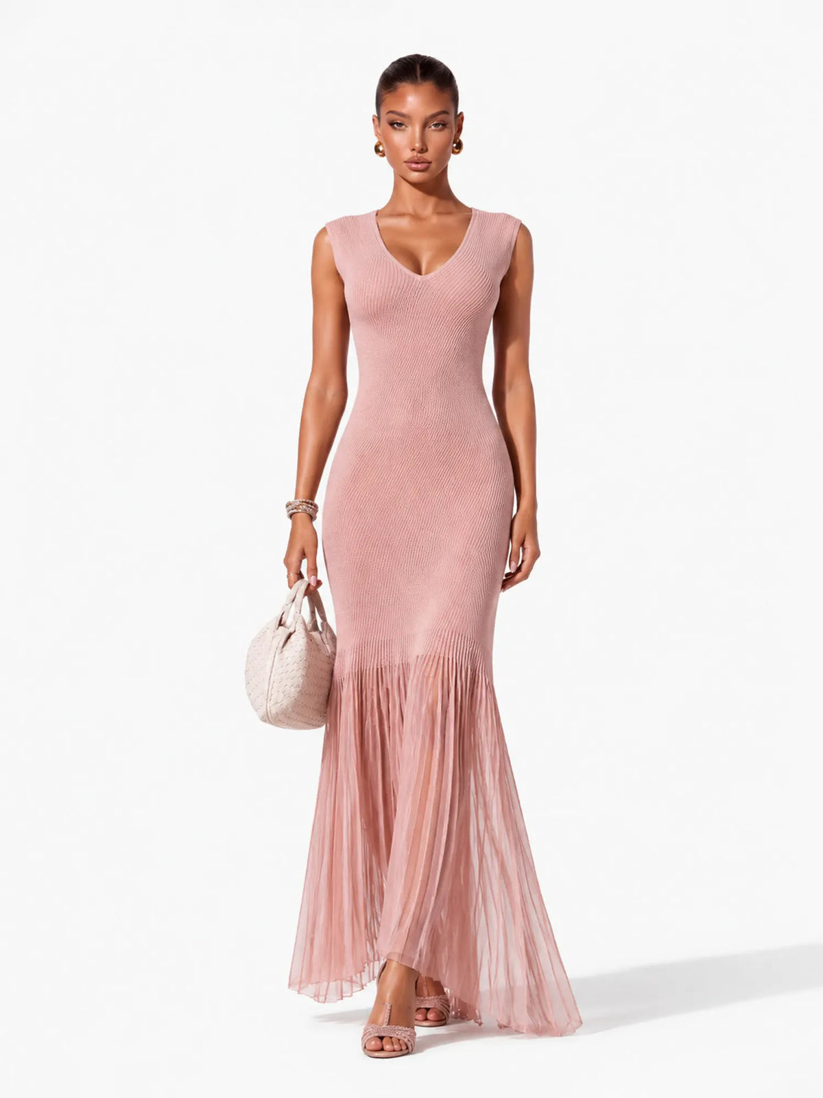 Marisol Elegant Cinched V Neck Sleeveless Knit Maxi Dress