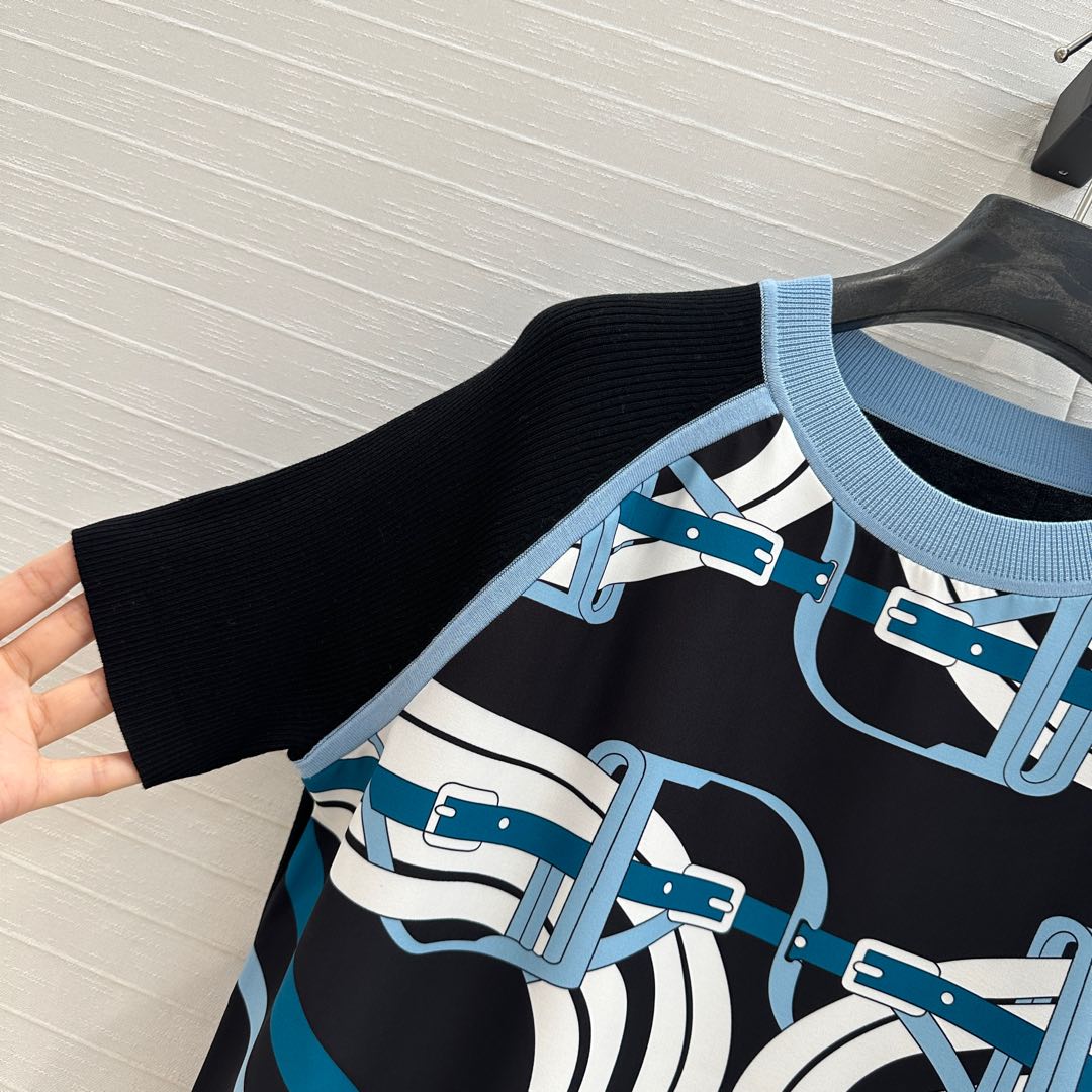 Hm 25 Print Patchwork Knit Top Black Blue Tencel Wool
