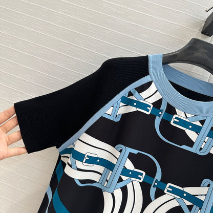 Hm 25 Print Patchwork Knit Top Black Blue Tencel Wool
