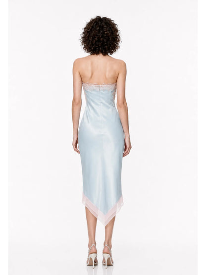 Nadira Color-Blocked Lace Strapless Midi Dress In Blue