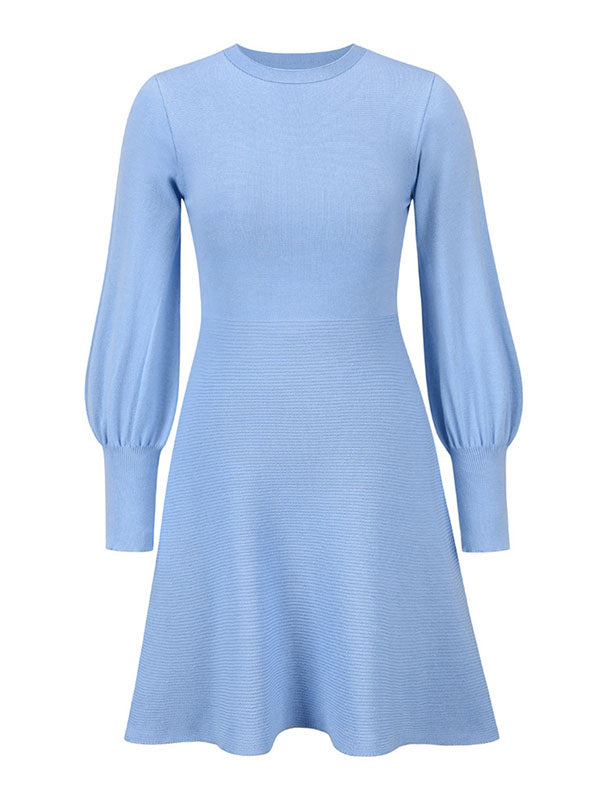 Puff Sleeves Wrap Solid Color Round-Neck Mini Dresses