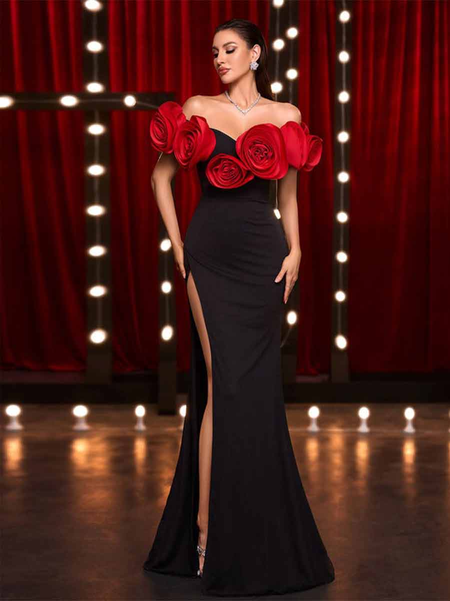 Zoya Huge Flowers High Slit Tail Maxi Dress