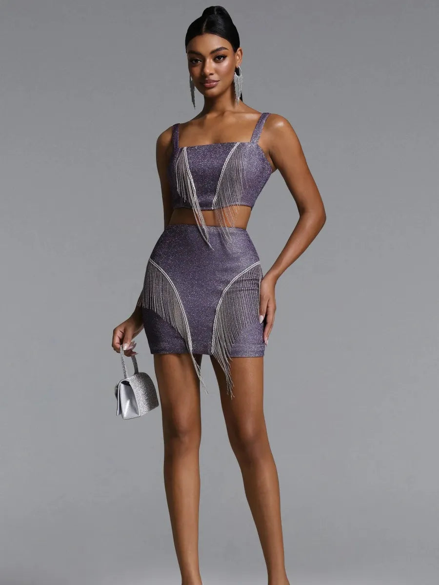 Gia Glitter Fringe Crop Top & Mini Skirt Set