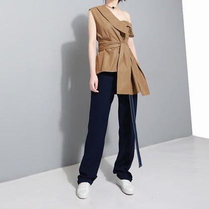 Off Shoulder Sleeveless Shirt Polyester Stand Collar