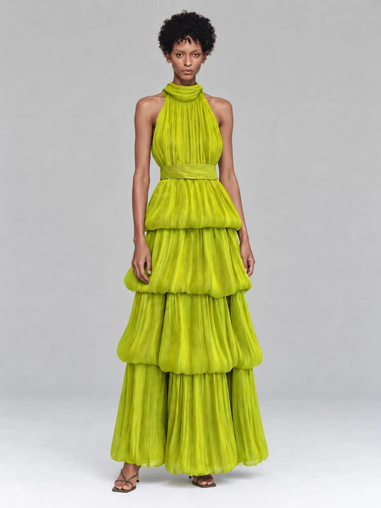 Ophira Pleated Tiered Halter Maxi Dress