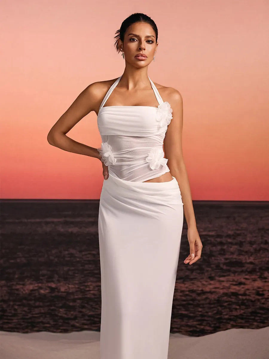 Ariella Halterneck Flower Maxi Dress In White