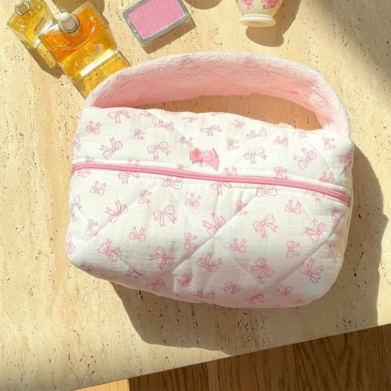 Soft Plush Cute Bow Print Cosmetic Bag