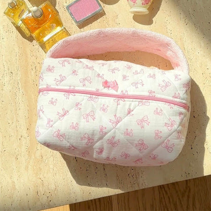 Soft Plush Cute Bow Print Cosmetic Bag