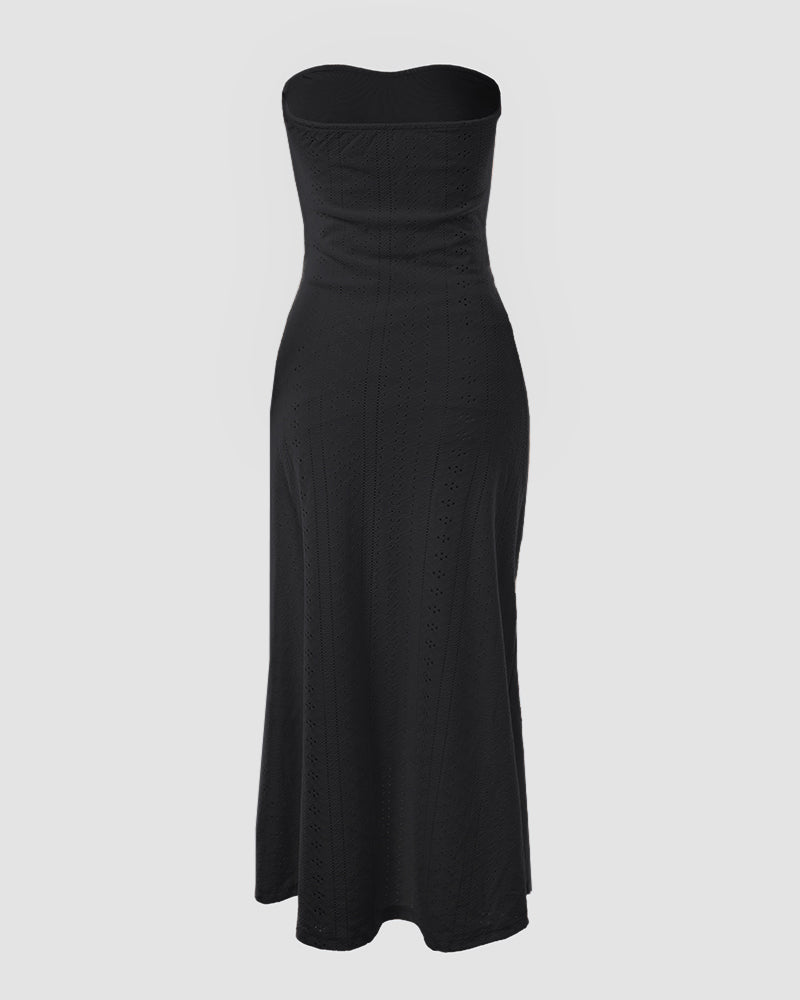 Sleeveless Ruched Cinched Waist Draped Bandeau Dress Eyelet Embroidery Slit Asymmetrical Hem Vacation Dress